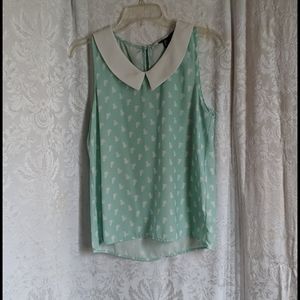 Peter pan collar tank, mint green with white cats